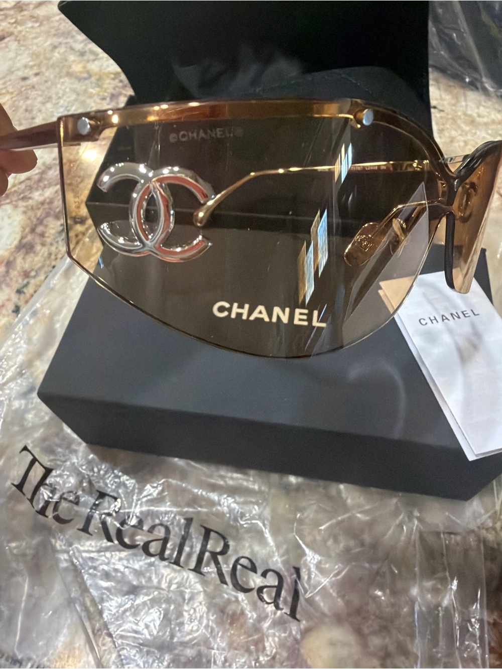 CHANEL Brown Shield Sunglasses with Silver CC Accent